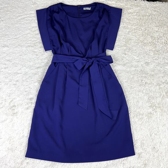 Eliza J Purple Pleated Drape Sleeve Tie Waist Mini Dress 2 - Picture 1 of 10